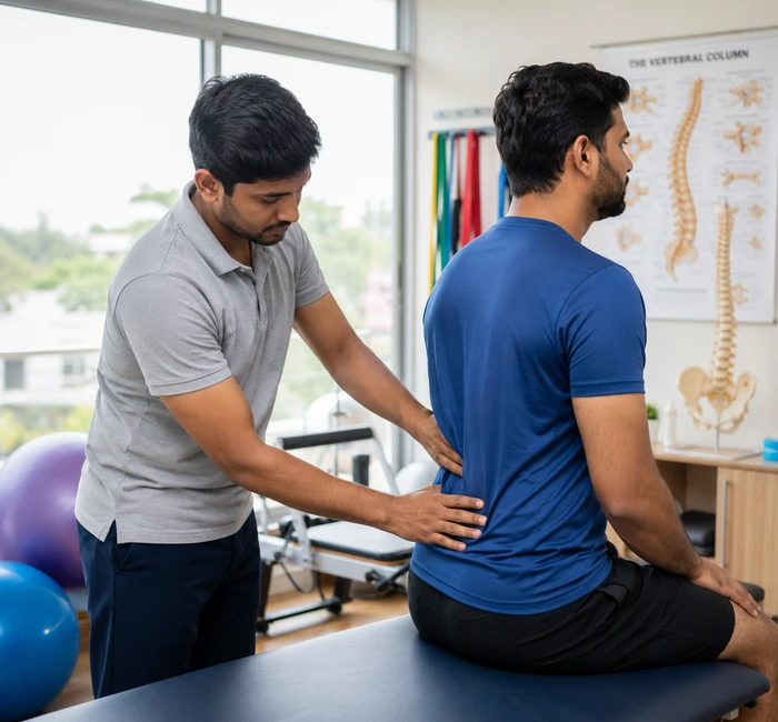 Physiotherapist treating a patient with back pain in Bhopal clinic